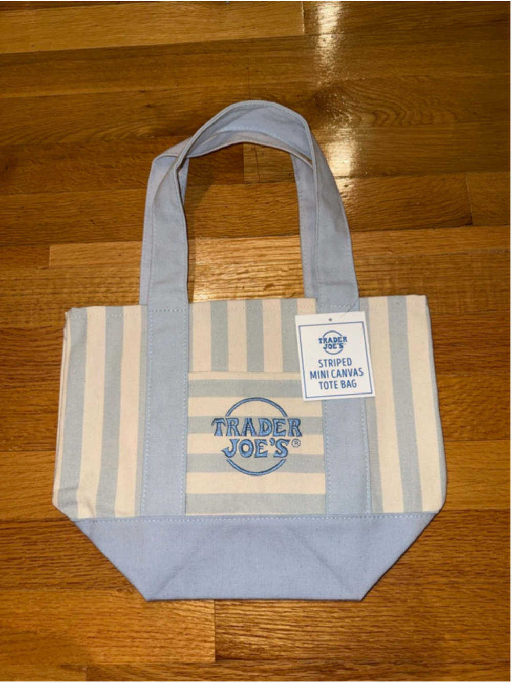 NWT Trader Joe's Striped Mini Canvas Tote Bag Reusable Blue 13x6x10